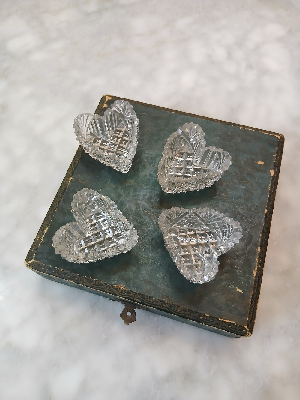 Vintage Set of 4 Cut Crystal Heart Dishes In Box